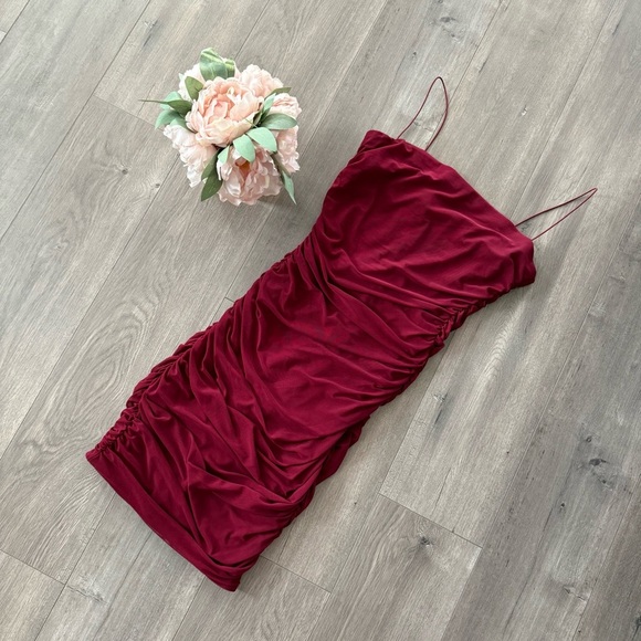 Y2k Vintage B Darlin Maroon Shimmer Ruched Bodycon Strappy Dress - Picture 3 of 4